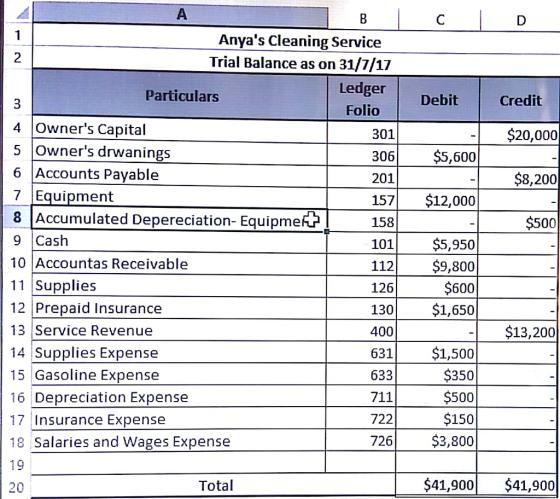 Anyas Cleaning Service Trial Balance as on 31/7/17 Ledger Folio 2 Particulars Debit Credit 3 4Owners Capital 5 Owners drwa