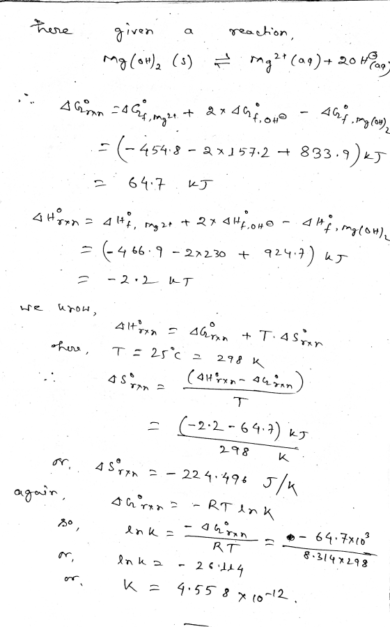 here а given reaction, ng (OH)2 (3) Mg²+ (aq) + 20 Haa A Girona A Gs, range 464 mg cow), + Qxd4foto (-4543 2x157.2 + 833.9)ks