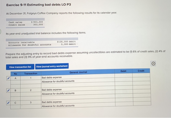 Exercise 9-11 Estimating bad debts LO P3 At December 31, Folgeys Coffee Company reports the following results for its calenda
