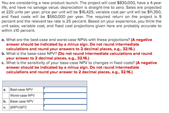 You are considering a new product launch. The project will cost $830,000, have a 4-year life, and have no salvage value; depr