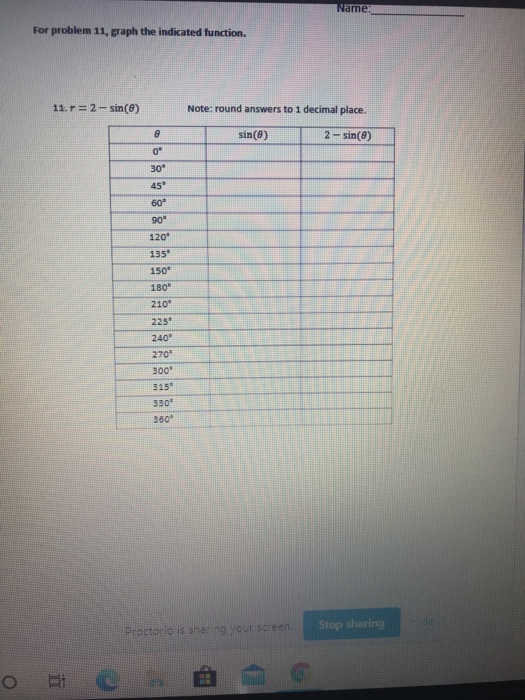 Name For problem 11, graph the indicated function. 11.T= 2-sin() Note: round answers to 1 decimal place. 8 sin() 2-sin() 0 30