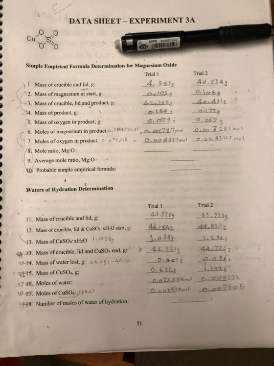 DATA SHEET – EXPERIMENT 3A 00 Cu s Oo 03 062 08880 Simple Empirical Formula Determination for Magnesium Oxide Trial 1 1. Mass
