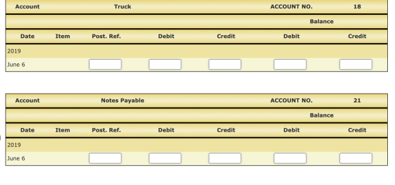 Account Truck ACCOUNT NO. 18 Balance Date Item Post. Ref. Debit Credit Debit Credit 2019 June 6 Account Notes Payable ACCOUNT