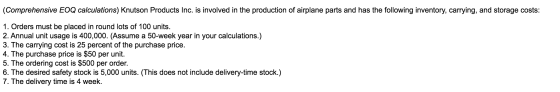 (Comprehensive EOQ calculations) Knutson Products Inc. is involved in the production of airplane parts and has the following