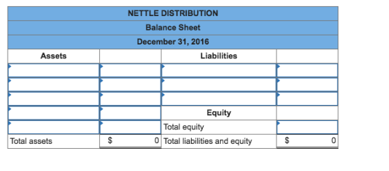 NETTLE DISTRIBUTION Balance Sheet December 31, 2016 Assets Liabilities Equity Total equity Total assets 0 Total liabilities and equity