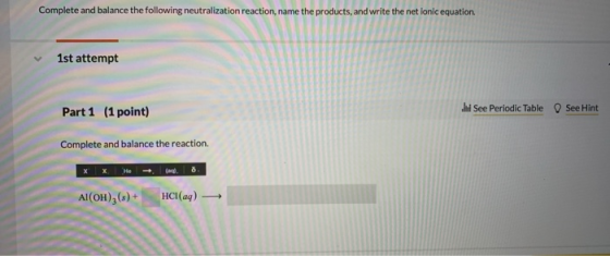 Complete and balance the following neutralization reaction, name the products, and write the net ionic equation 1st attempt P