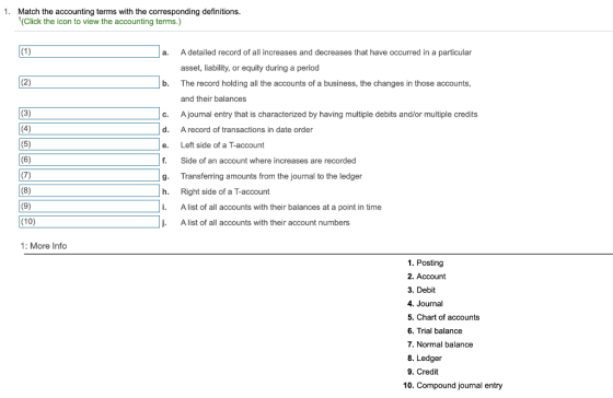 1. Match the accounting terms with the corresponding definitions. (Click the icon to view the accounting terms.) a. (2) b. A