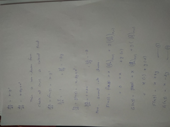 x chox to dy - x-2y + H² This is non-linear form. Check at (0,o) is critical point. de fin,y) = x-42 of 3 ke -ay Seg(y) = -2y