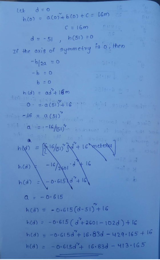 d=-si h(51):0 , r the axig of symmetry e o then -bo 6 a (51) ao 615 rv h(d)0:615(d-51) +16 h(d) -o 615d + 16.83d-413.165