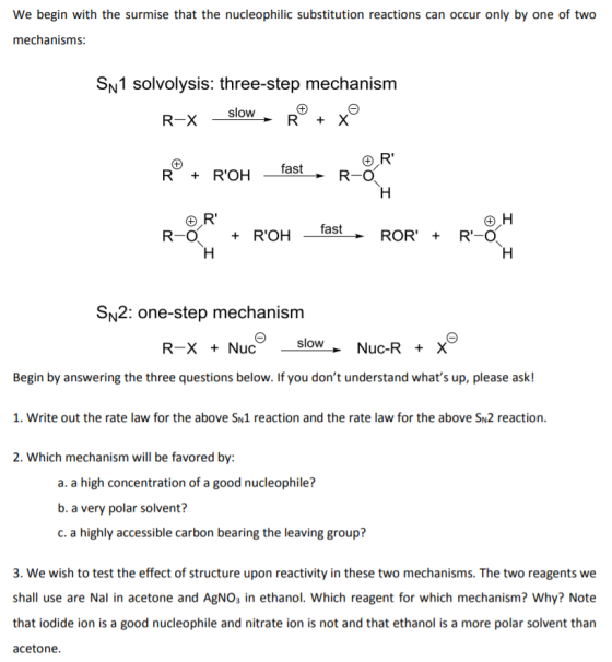 We begin with the surmise that the nucleophilic substitution reactions can occur only by one of two mechanisms: Sn1 solvolysi