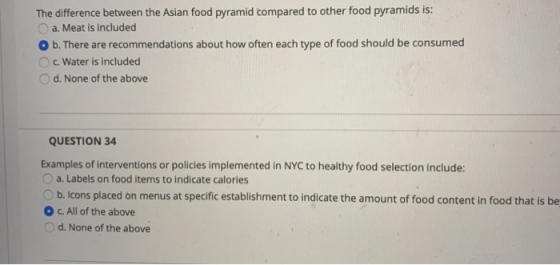 The difference between the Asian food pyramid compared to other food pyramids is: a. Meat is included b. There are recommenda