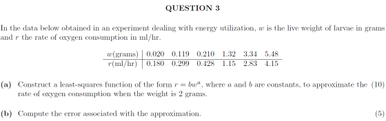 QUESTION 3 In the data below obtained in an experiment dealing with energy utilization, w is the live weight of larvae in gra