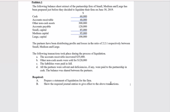 Problem 1 The following balance sheet extract of the partnership firm of Small, Medium and Large has been prepared just befor