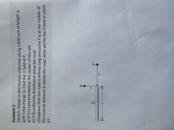Problem 2 Electric charge is distributed uniformly along a thin rod of length a. with total charge Q. Find the E field at P a) If Q is concentrated at the center of the rod. b) If Q uniformly distributed along the road. c)Suppose that the road is infinity long and point P is at the middle of the road at distance b above the road, what will be the E field at point P?
