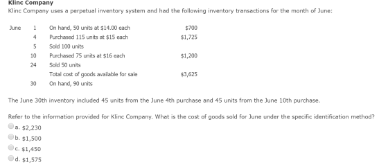 Klinc Company Klinc Company uses a perpetual inventory system and had the following inventory transactions for the month of J