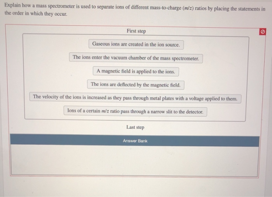 Explain how a mass spectrometer is used to separate ions of different mass-to-charge (m/z) ratios by placing the statements i