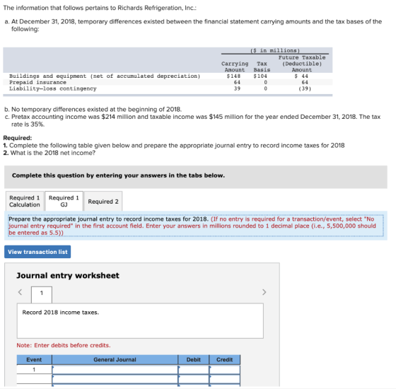 The information that follows pertains to Richards Refrigeration, Inc.: a. At December 31, 2018, temporary differences existed