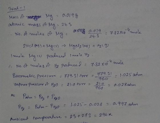- 7.82x10 Trial - reass of mag ug = 0.0199 atomic mass of reg= 24.3 . No. of moles of My oota 0:019 24.3 - 2tlar) + reges) re