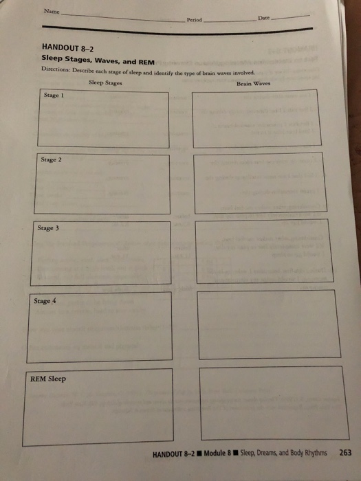 Name Period Date HANDOUT 8-2 Sleep Stages, Waves, and REM Directions: Describe each stage of sleep and identify the type of b