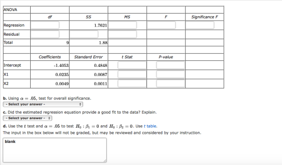 ANOVA SS MS Significance F Regression 1.7621 Residual Total 1.88 Coefficients Standard Error Stat P-value Intercept -1.4053 0
