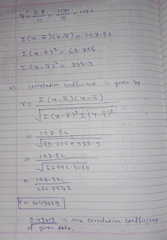 J Y n 111711171 = To- - 10 n ?! (x-7)(y-7)= 127.82 7. rol n e I e-n ) 2 = 68.756 Ec4_%)² = 988.g doll TEN 82 a) . correlation