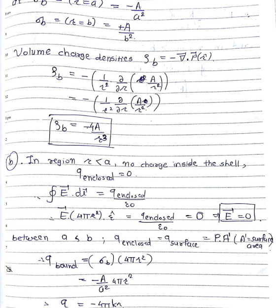 2 Volume charge densities . S-b- 10 I pm s). Tn. Toegen a Ka Mo chciage inside the shell. enclos nclas between Qsb ncsdfac 2