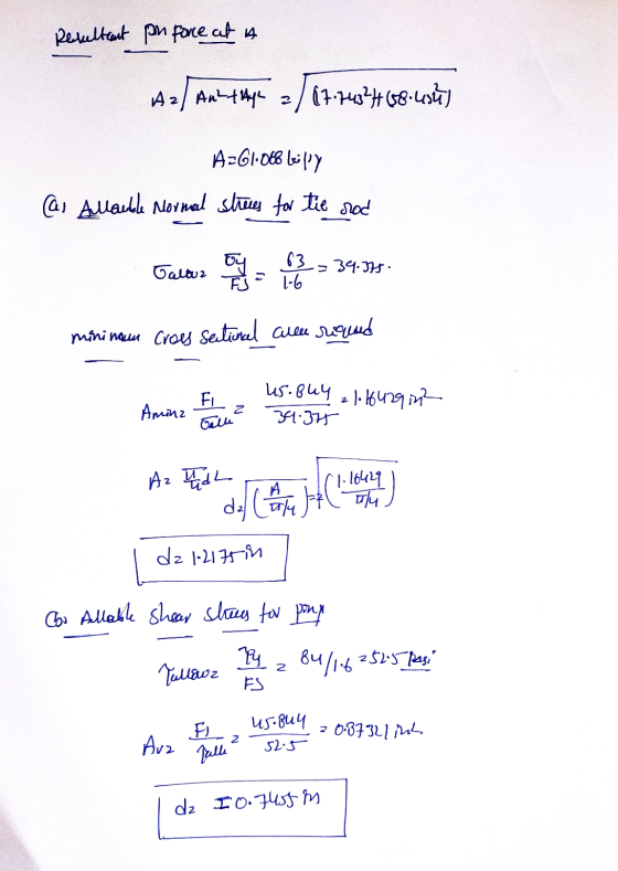 Resultant pin Force at a Az Antalya 2) 17.7402468-ces) A-61.066 Lilly (as Alauble Normal strees for tie rod Jalous 2 >34.015.