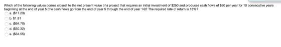 Which of the following values comes closest to the net present value of a project that requires an initial investment of $250