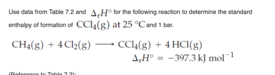 Use data from Table 7.2 and A.Hº for the following reaction to determine the standard enthalpy of formation of CCl4(g) at 25