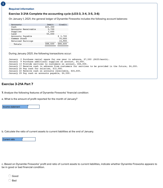 Required information Exercise 3-21A Complete the accounting cycle (LO3-3, 3-4, 3-5, 3-6) On January 1, 2021, the general ledg
