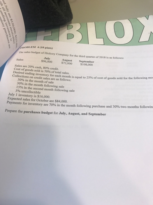 BLO PROBLEM 4 (10 pints) The sales budget of Hickory Company for the third quarter of 2018 is as follows: July $96,000 August