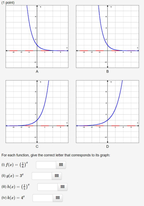 (1 point) -1 For each function, give the correct letter that corresponds to its graph (iv) k(x)42