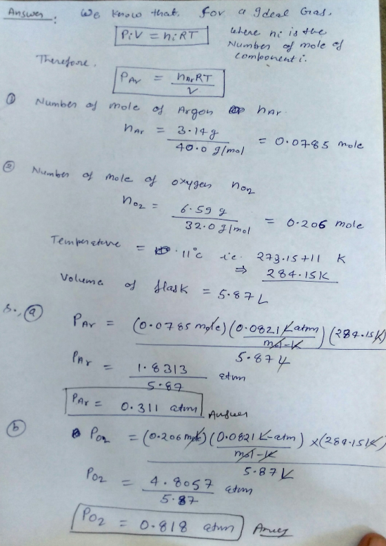 Answes We know that, For a Ideal Gas Piv-hi RT lehere he is the Number of mole of Therefore, component i. Par – MART | 0 Numb
