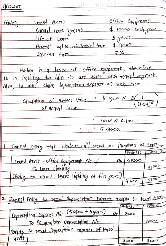 1 Answer Give Leared Asset Annual leve Peymeal 1 Life of Leare Present Value of Angyal Lease Interest Rate : Office Equipment
