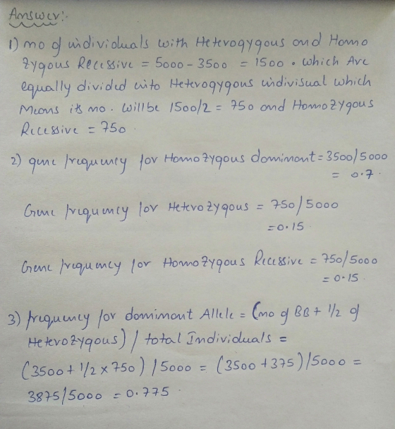 Answer: 1 mo of individuals with Heterogygous and Homo. zygous Recessive = 5000-3500 = 1500 . which are equally divided into