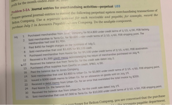 profit for them Problem 5-2A je it for the month ended Juille su, LUIT. 5-2A Journal entries for merchandising activities-per