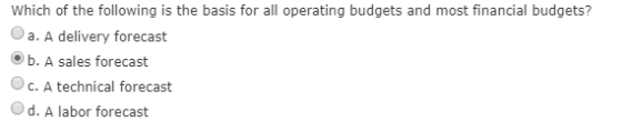 Which of the following is the basis for all operating budgets and most financial budgets? a. A delivery forecast b. A sales f