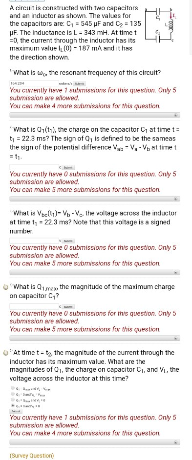A circuit is constructed with two capacitors and an inductor as shown. The values for the capacitors are: C1 = 545 F and C2 =