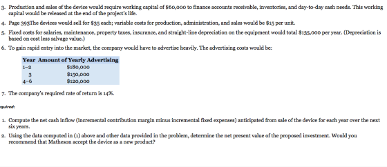 3. Production and sales of the device would require working capital of $60,000 to finance accounts receivable, inventories, a