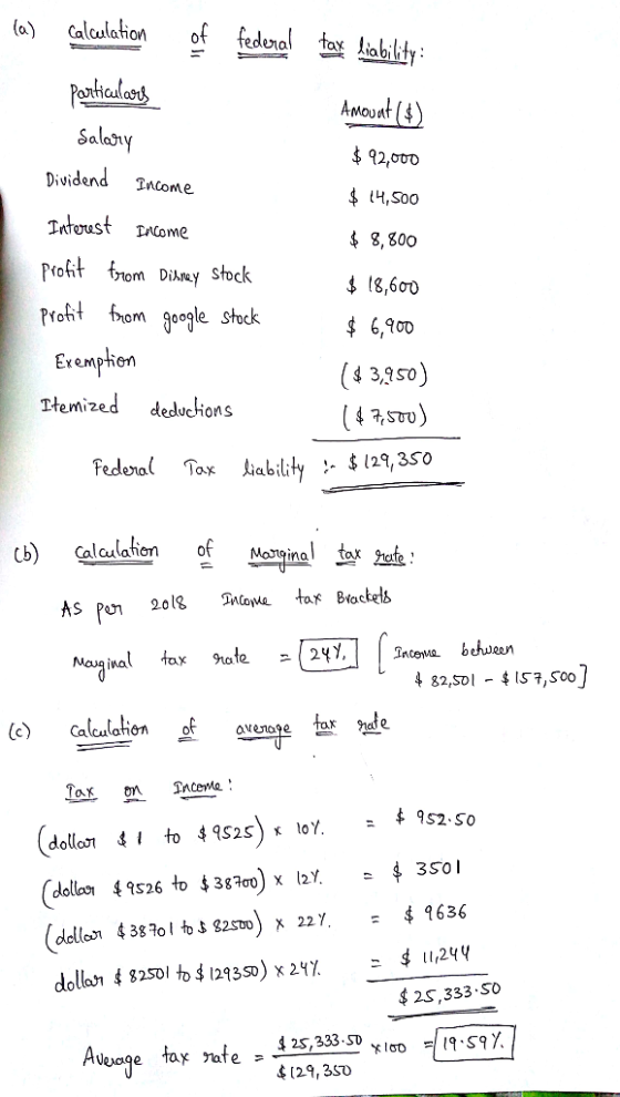 o)Galeulahionfedata obh oticul Salast 92,000 Dividend Income. 多 8, g00 nom Dikney Stoc Proht fom goqle $ 6,200 £xemptic-n Ttemized deduchons Federal Tax L;ability :-遷129,350 Calcuation o 4 82,sol - 4 Ist,Soo e Galelaienvenreto e Tax neme $ 952,So dollar 41 to 49S25〉x loy. $ 11,24 ч dollo825ol to 12135D) x 217.- $ 25,333 So 4 2s,333.SD (29,3SD