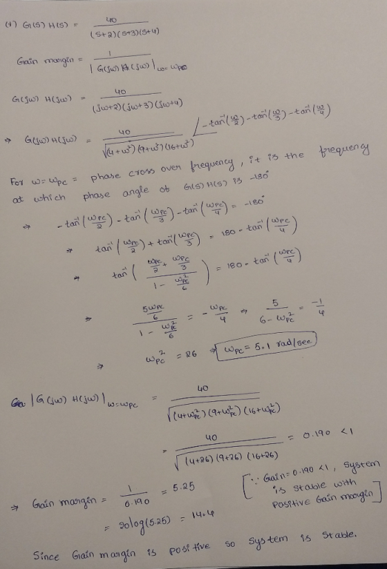 Gain = 0.190 21, system Since Gain maigin is positive 40 () G(S) HIS) = (5+2)(5+3)(8+4) Grain movigin = | G(jw) (jw) | wwpoo