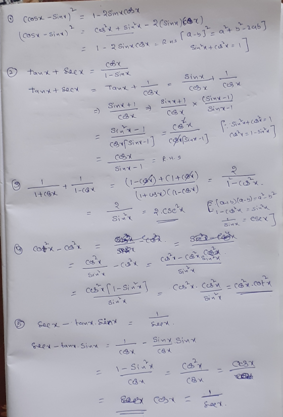 I Cross - sind) = 1-2 Sinxrosx (Cost-sinx)2 = cash + sinhx - 2 (Sinn)Cox) 3² - at 57 - 296] Sinta + cos²x = 1] - 1-2 Sinaco