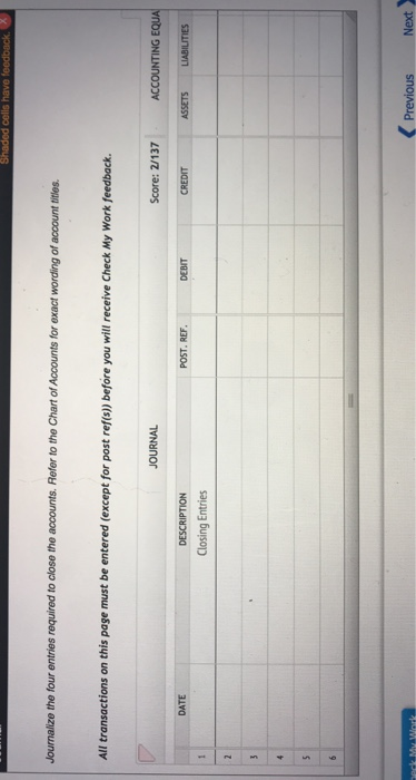 Shaded cells have feedback. Journalize the four entries required to close the accounts. Refer to the Chart of Accounts for ex