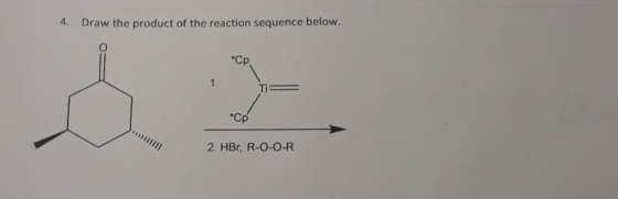 4. Draw the product of the reaction sequence below. Ср 1. *Cp 2. HBr, R-O-O-R