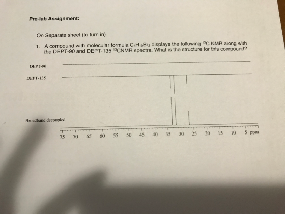 Pre-lab Assignment: On Separate sheet (to turn in) 1. A compound with molecular formula CsH10Br2 displays the following 13C N