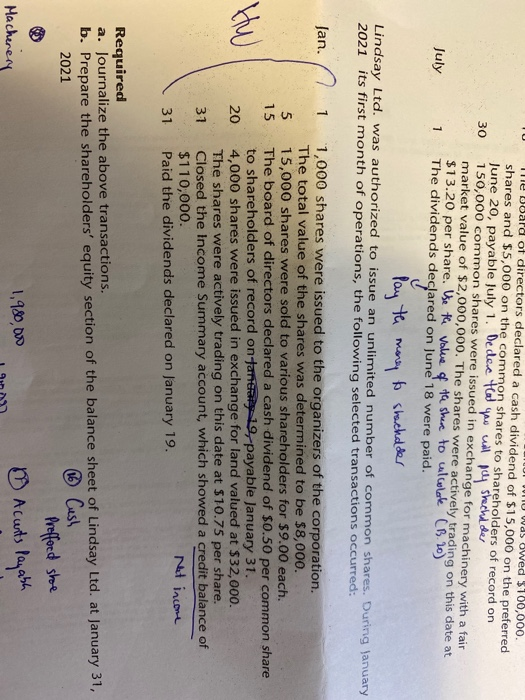 30 W WU Was Owed $100,000. Te duard of directors declared a cash dividend of $15,000 on the preferred shares and $5,000 on th