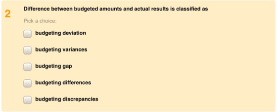 Difference between budgeted amounts and actual results is classified as Pick a choice: budgeting deviation budgeting variance