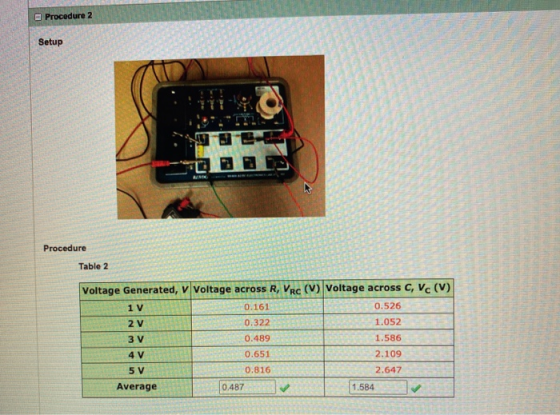 Procedure 2 Setup Procedure Table 2 Voltage Generated, v Voltage across R, VRC (V) Voltage across C, Vc (V) 1V 0.161 0.526 2