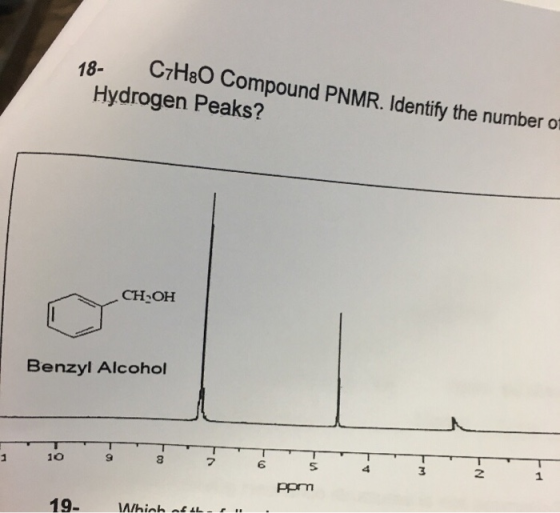 18- C7H80 Compound PNMR. Identify the number o Hydrogen Peaks? CH OH Benzyl Alcohol Ppm