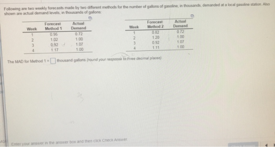 Following are two weekly forecasts made by two different methods for the number of gallons of gasoline, in thousands, demande